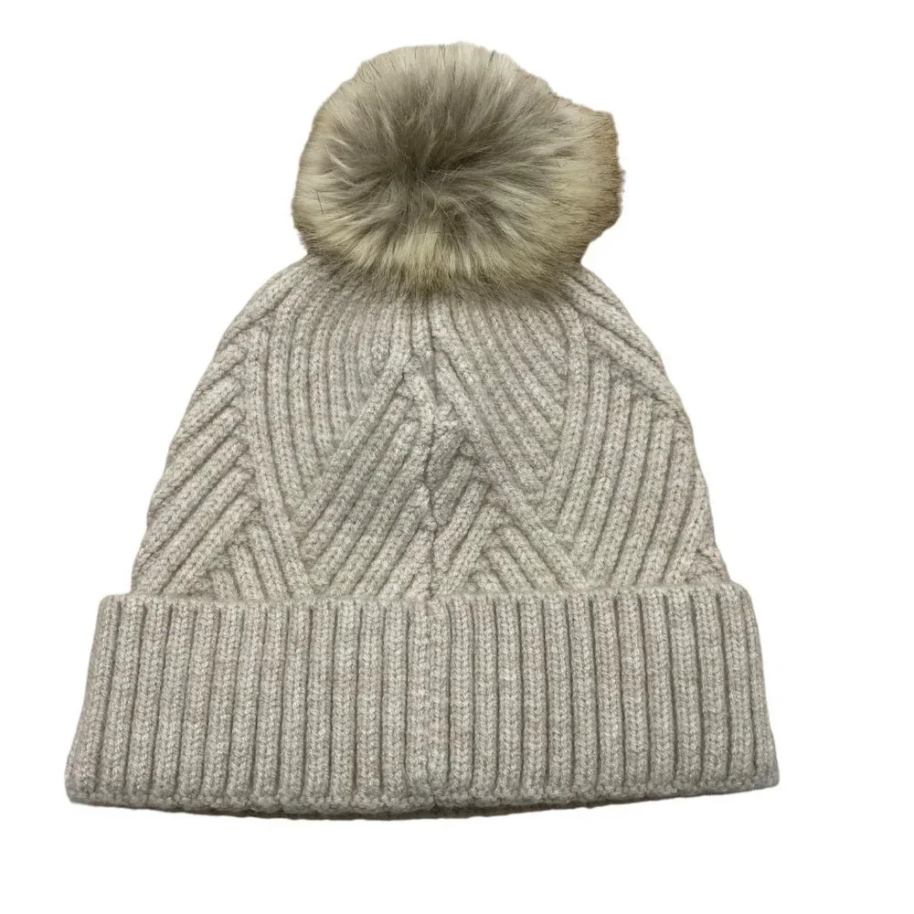 C.C‎ Kids Criss-Cross Faux Fur Pom Pom Beanie Girl Cream One Size Knit Cap Hat